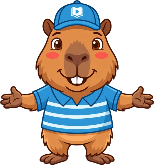 Capitabara, una capibara sonriente con gorra azul y camiseta de rayas, saluda con los brazos abiertos.